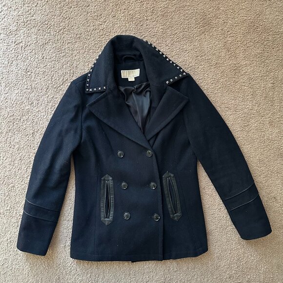 Michael Kors Pea Coat Womens 4 Double Breast Navy Blue Wool Polyester - Picture 1 of 14